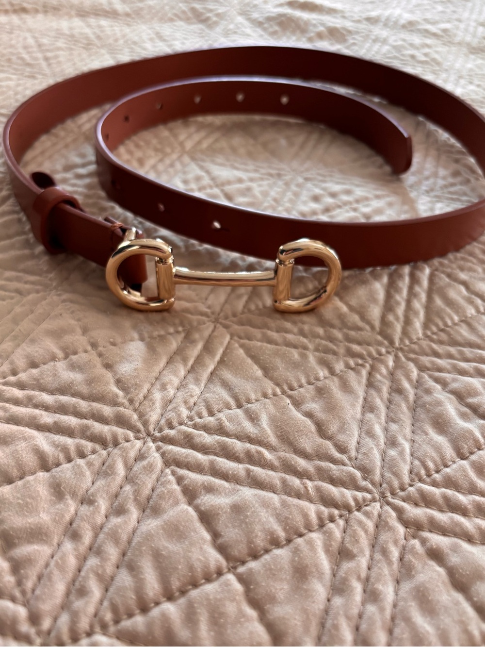 J. Crew Leather Horsebit Skinny Belt in Chestnut with Gold Hardware